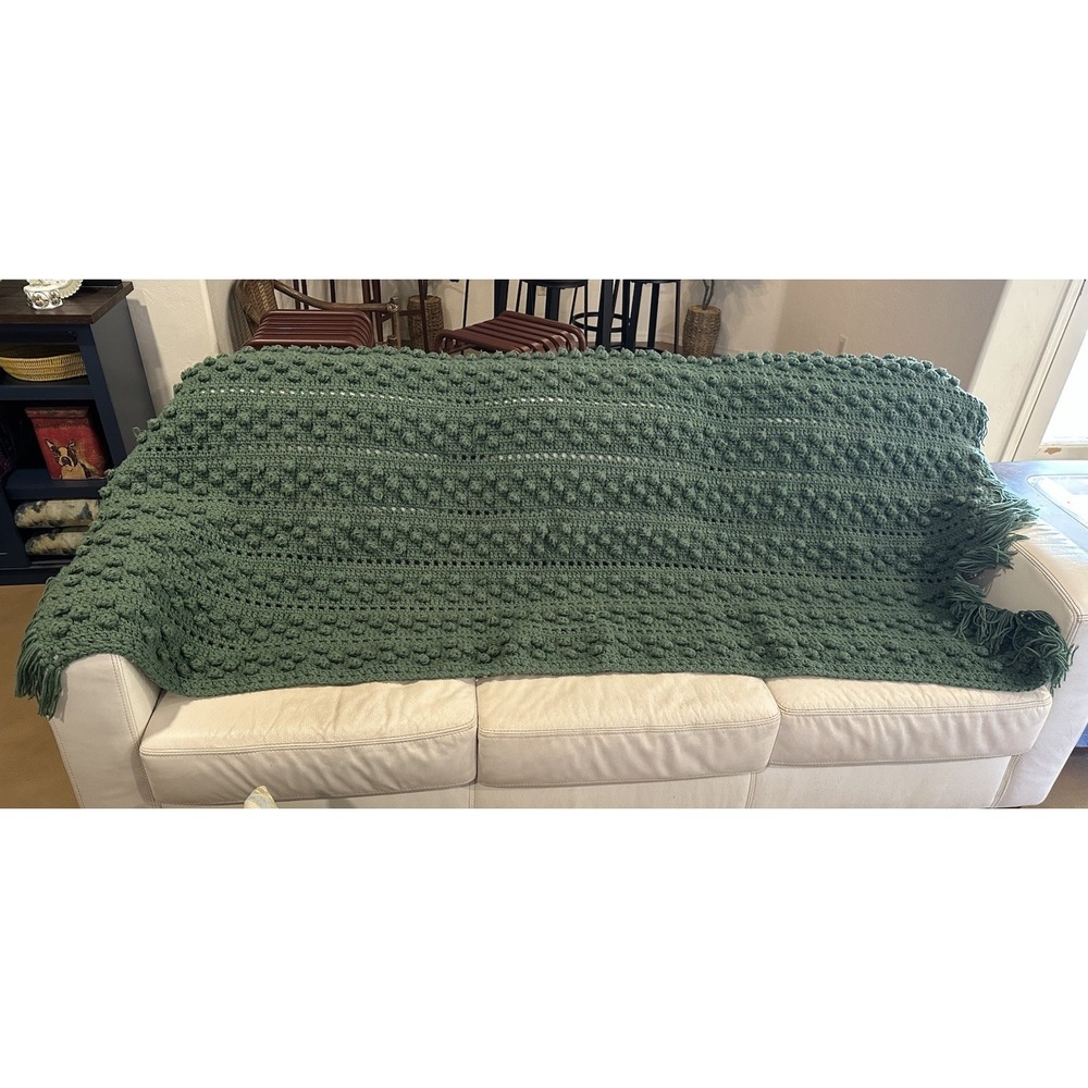 Moss Green Afghan Crochet Throw Blanket French Knot ~55X90 Heavy‎ Warm Handmade
